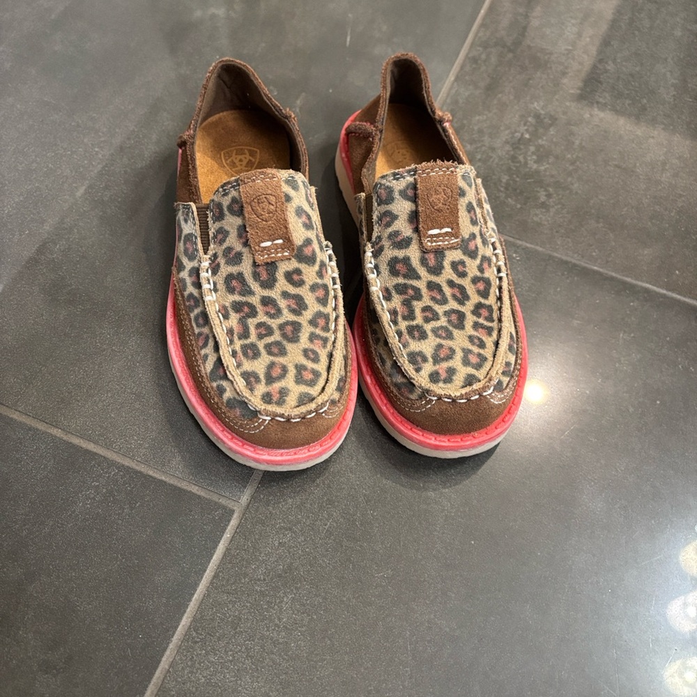 Ariat Kids Leopard Print Slip-On Shoes with Brown and Pink Accents